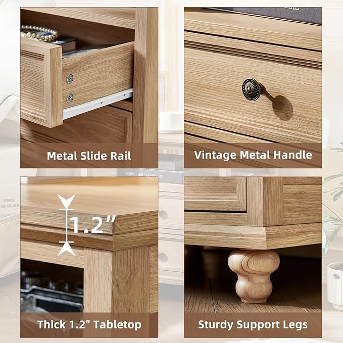 24" Wide Farmhouse Night Stand,Large End Table with 2 Drawers & Metal Handle,Wood Dresser for Bedroom, Natural Bed Side Table Chest of Drawers Cabinet,Nightstand for Living Room,Closet