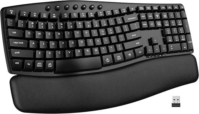 EDJO Wireless Keyboard,2.4G USB/Bluetooth Dual-Channel Connection, Full Size Wave Keys Ergonomic Keyboard with Soft Wrist Rest for Windows, Mac OS Desktop/Laptop/PC(Black)