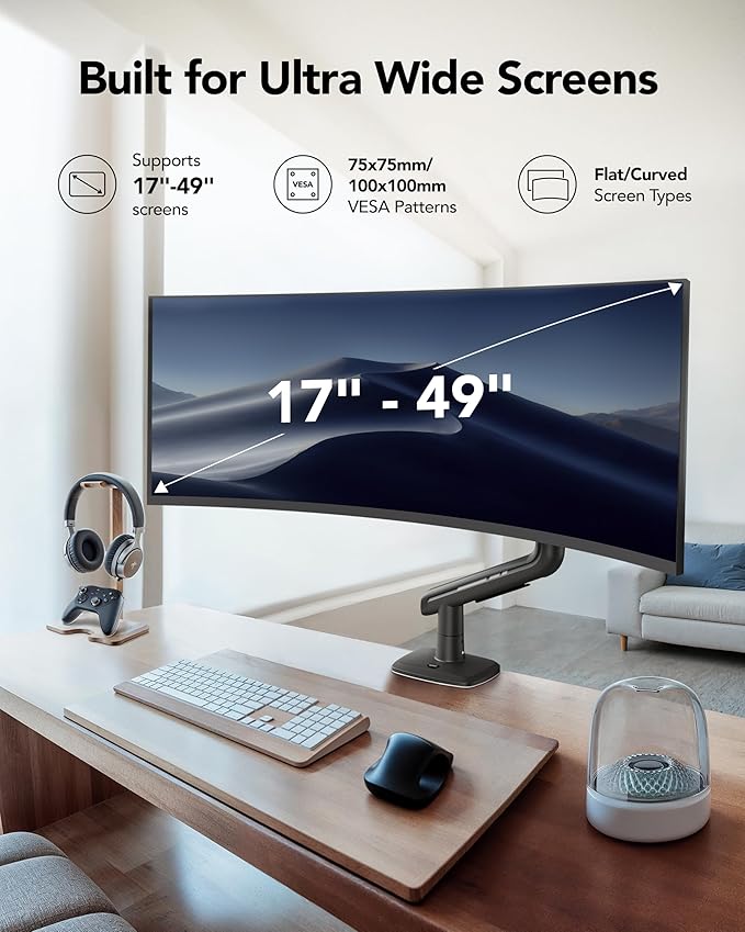 HUANUO TitanLift™ Heavy Duty Monitor Arm for Ultrawide Screens up to 49", Holds 40 lbs, Aluminum Ultrawide Screen Desk Mount, Fully Adjustable Single Monitor Mount with Dual C-Clamp, Max VESA 100x100