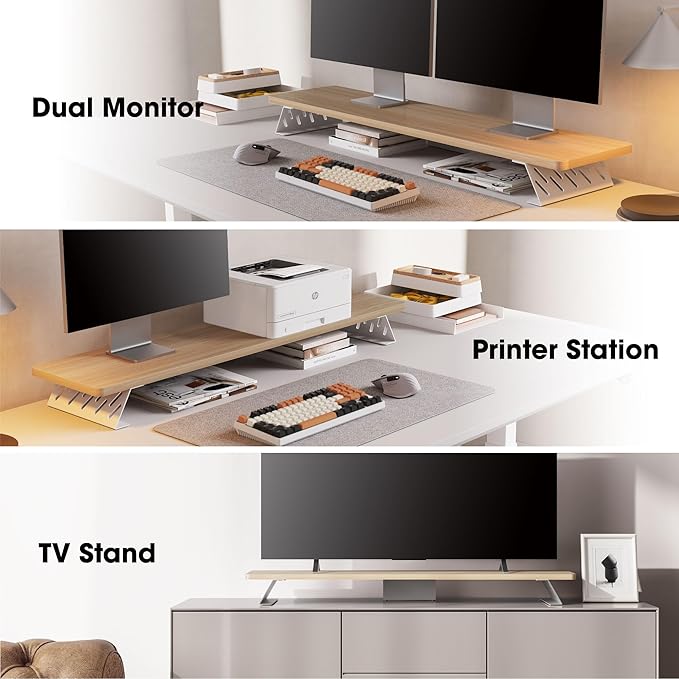 Fenge Dual Monitor Stand Riser, 42.5 Inch Desk Top Shelf for 2 Monitors, Computer Stands for Desk, Wood & Steel Desktop Riser for Laptop, PC, Printer