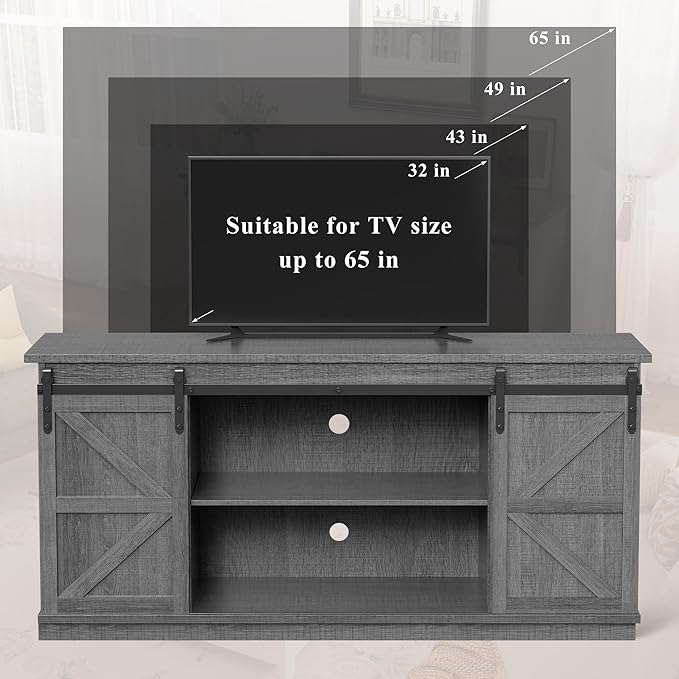 YESHOMY TV Stand for Televisions up to 65 Inches, with Sliding Barn Doors and Storage Cabinets, Console Table and Media Furniture for Living Room, 58 Inch, Gray
