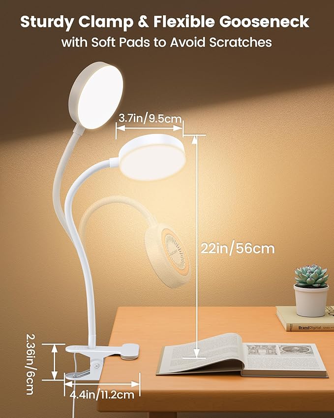 Glocusent 72 LED Clip on Lamp with Remote, Reading Light with Amer Ring Night Light, 3 Colors & 5 Dimmable Desk Lamp with Clamp, Auto-Off Timer for Night Reading, Bed Light for Headboard/Dorm/Bunk