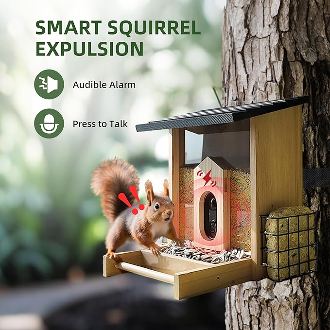 Solution4Patio Wood Solar Powered Bird Feeder with Camera - AI-Powered Bird Identification with Smart Squirrel Alarm, Weatherproof Outdoor Birdfeeder with Suet Baskets for Children & Elderly