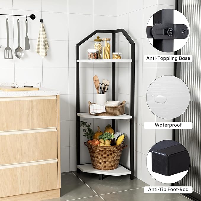 Fun Memories 3 Tier Corner Shelf, 40” Corner Shelf Stand, Corner Bookshelf Plant Stand, Storage Shelf for Bathroom, Living Room, Kitchen,Home Office, White