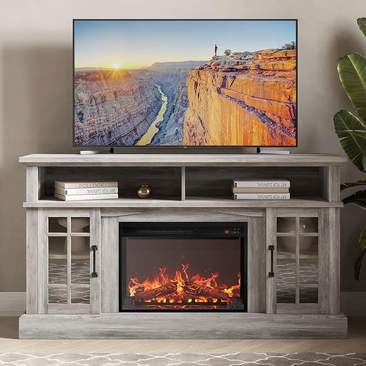 BELLEZE Traditional 58" Rustic TV Stand with 23" Electric Fireplace Heater with Sound, Media Entertainment Center Console Table for TV up to 65" with Open Storage Shelves and Cabinets - Grey Wash