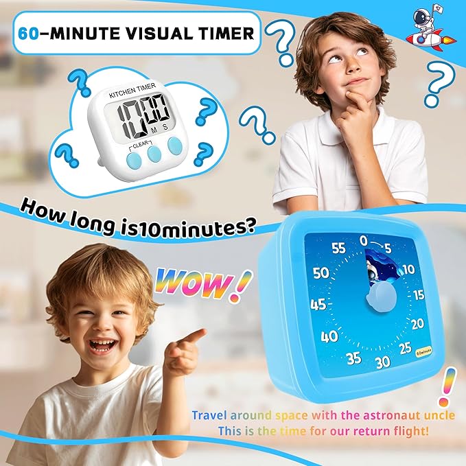 Visual Timer for Kids, 60-Minute Countdown Timer for Classroom Office Kitchen, Pomodoro Timer Spaceman Pattern, Time Management Tools with Silent Operation,Desk Time Clock for Kids and Adults