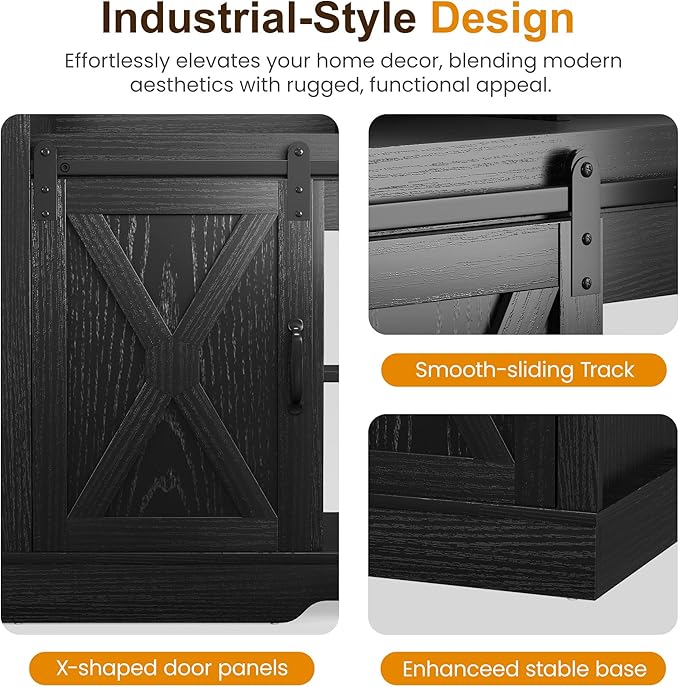 RoyalCraft Farmhouse Fireplace TV Stand for 65+ Inch TV, Entertainment Center with 23" Electric Fireplace with Remote, 34" Tall Modern Rustic TV Console with Sliding Bar Door for Living Room, Black