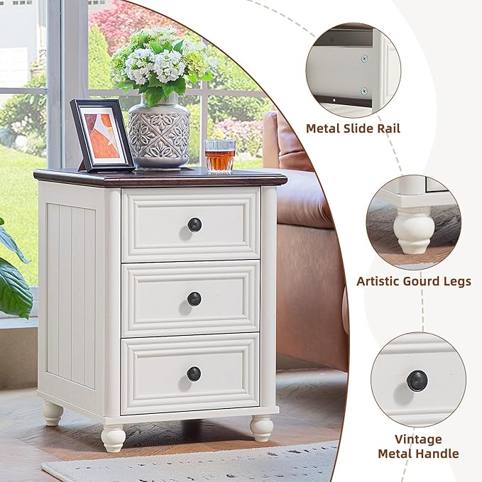 18" Farmhouse Nightstand with Charging Station and USB Port, White Night Stand with 3 Drawers, Wood Bedside End Table with Storage, Bed Side Tables for Bedroom Living Room and Closet