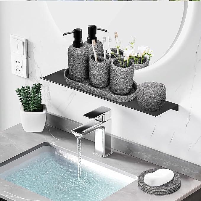 Bathroom Accessory Set - 6PCS Bathroom Accessories Set: Soap Dish, Lotion Dispenser, Toothbrush Holder, Toothbrush Cup, Vantiy Tray, Qtip Holder, Aesthetic Decor Bathroom Sets