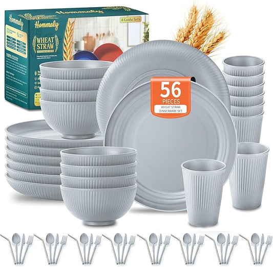 Wheat Straw Dinnerware Sets,56-Piece Plates and Bowls Sets for 8-Unbreakable,Reusable Plastic Dish Set-Dinner Plate/Cereal Bowl/Cup/Utensils-Microwavable Dishwasher Safe 56P-Gray