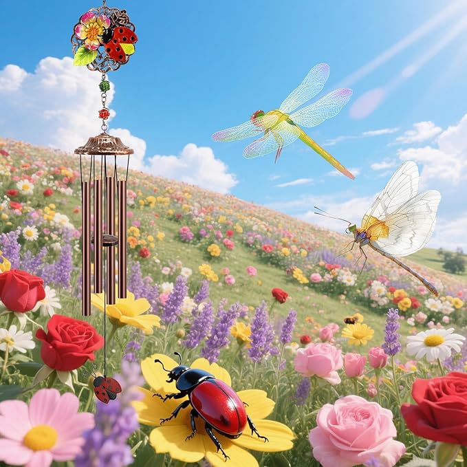 Beetles Wind Chimes Outdoor Beetle Gifts for Women/Men/Mom/Grandma/Wife Birthday Gifts Memorial Gift Metal WindChimes for Outside/Indoors, Home, Lawn, Porch, Patio, Garden Decor,