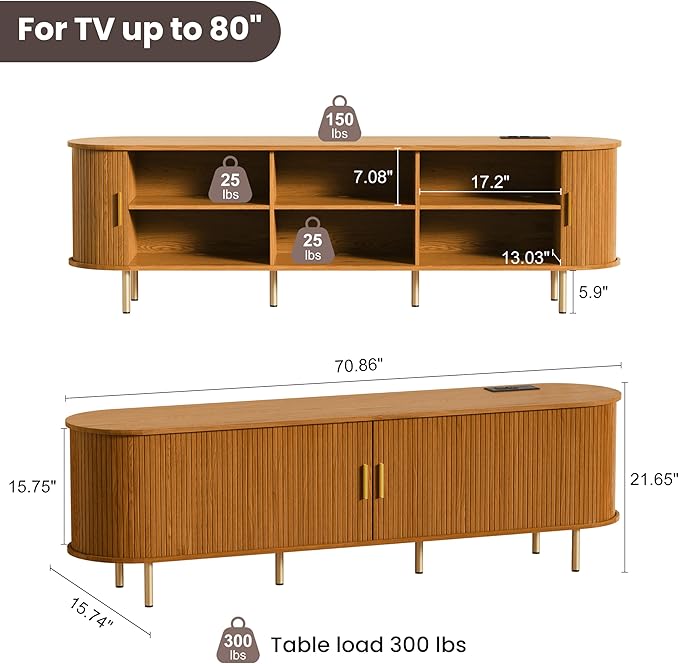 DHH 70 inch tv Stand Cabinet with Storage,Fluted tv Console Entertainment Center with Storage Adjustable Shelves, Modern Vintage with Sliding Doors tv Stand for Living Room (Yellow Walnut, 70 Inch)