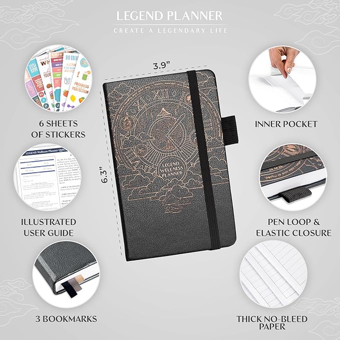 Legend Wellness Planner & Food Journal Pocket – Daily Diet & Health Journal with Weight Loss, Measurement & Exercise Trackers – Lifestyle & Nutrition Diary – Lasts 6 Months, 3.9x6.3″ – Mystic Gray