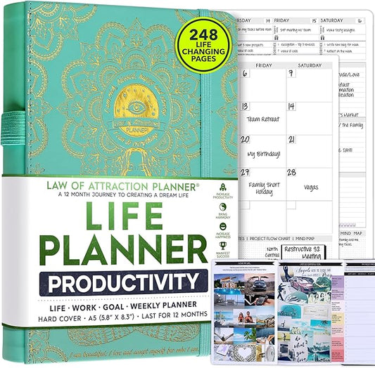 Life Planner - Undated Weekly & Monthly Planner, 12-Month Journey to Increase Productivity | Gratitude Journal, Life Organizer & Goal Journal | Include Foldable Vision Board, Habit Tracker & Stickers