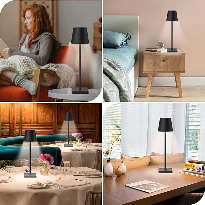 2 Pack Rechargeable Cordless Table Lamps, 5200mAh Battery Touch Table Light, Aluminum Shell Stepless Dimmable Portable LED Desk Lamp for Dinner/Restaurant/Outdoor Black