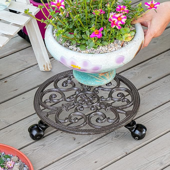 Sungmor Heavy Duty Cast Iron Plant Caddy,11" Round Potted Plant Stand Flower Pot Rack on 3 Solid Wheels,Indoor Outdoor Planter Holder Trolley Casters Rolling Tray