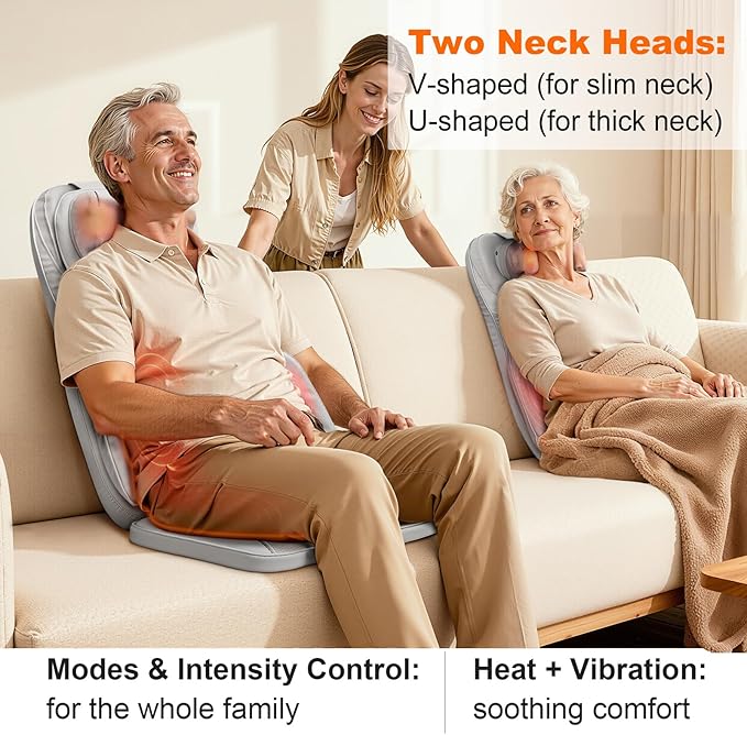 4D Shiatsu Massage Cushion w/Heat - Neck Back Pain Relief, Targets Muscle Stiffness from Long Sitting - Kneading, Vibration Technology & Dual Necks Heads Design for Office Chair, Home, Grey