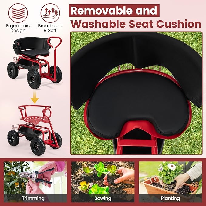 Goplus Garden Seat with Wheels, Rolling Gardening Stool with Adjustable 360° Swivel Seat, Tool Tray & Storage Basket, Extendable Handle, Outdoor Gardening Scooter, Garden Cart Workseat for Seniors