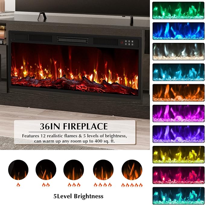 Lemberi Fireplace tv Stand with 36 inch Fireplace Up to 80" TVs,LED Light Entertainment Center and Storage, 70" Modern Wood Media TV Console with Highlight Cabinet for Living Room (Black)