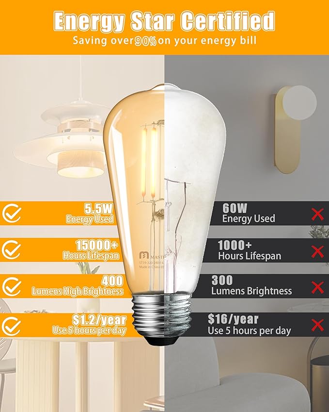 MASTERY MART Dimmable Vintage E26 LED Light Bulb, 2200K Warm White, 5.5W 60W Equivalent, Glass ST19 Edison Style, 400LM Decorative Filament Bulb, UL, Energy Star, 16 Pack