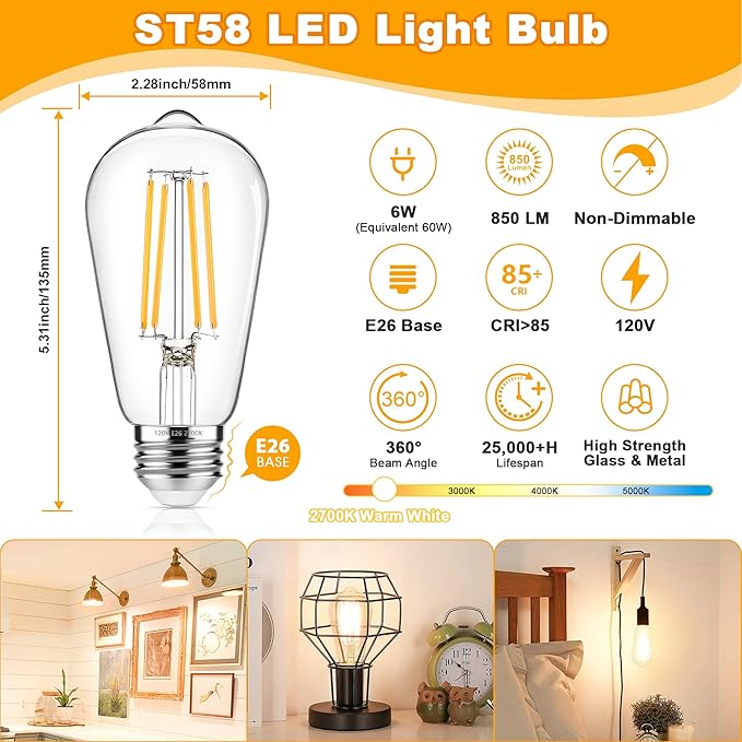 Vintage Edison Bulbs 60W Equivalent 850LM, 6W LED Light Bulb Warm White 2700K, ST58 Filament Lighting E26 Base, Non-Dimmable, Pack of 6