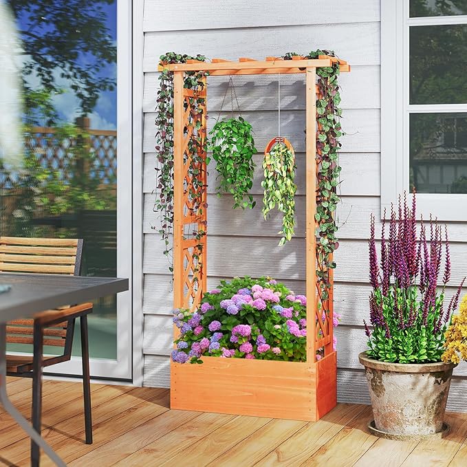 MAT EXPERT Raised Garden Bed with Trellis & Hanging Roof, Lattice Panel with Drainage Hole for Flower, Climbing Plant, Herb, Planter Box for Garden, Patio, Yard (2, 31" L x 14" W x 60" H)