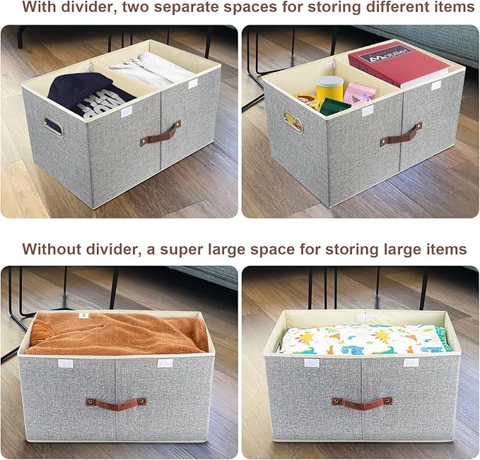 TYEERS Extra Large Collapsible Storage Bins with Lids and Compartments, Organizing Bins for Closet Storage, Clothes Storage, Cube Organizer for Home Office Storage - 3 Pack - Gray