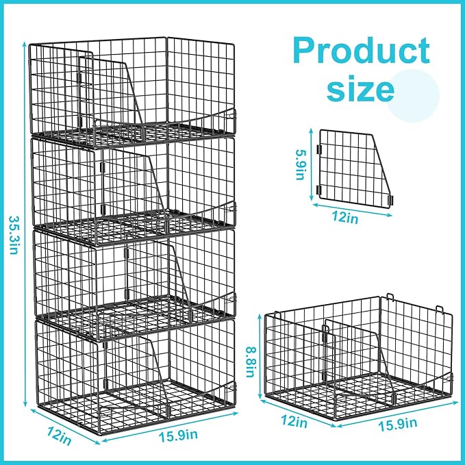4-Tier Closet Organizers and Storage Shelves with Divider, Stackable Closet Shelf Organizer Basket Bins, Clothing Sweaters Storage Container for Wardrobe Cupboard, Black