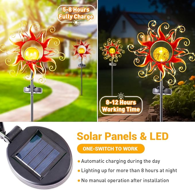 Solar Lights Outdoor Waterproof Red Sun Metal Crackle Glass Stake Decorative for Outside,Yard,Lawn,Patio,Walkway Mothers'Day Gifts Mom Grandma Garden Lover