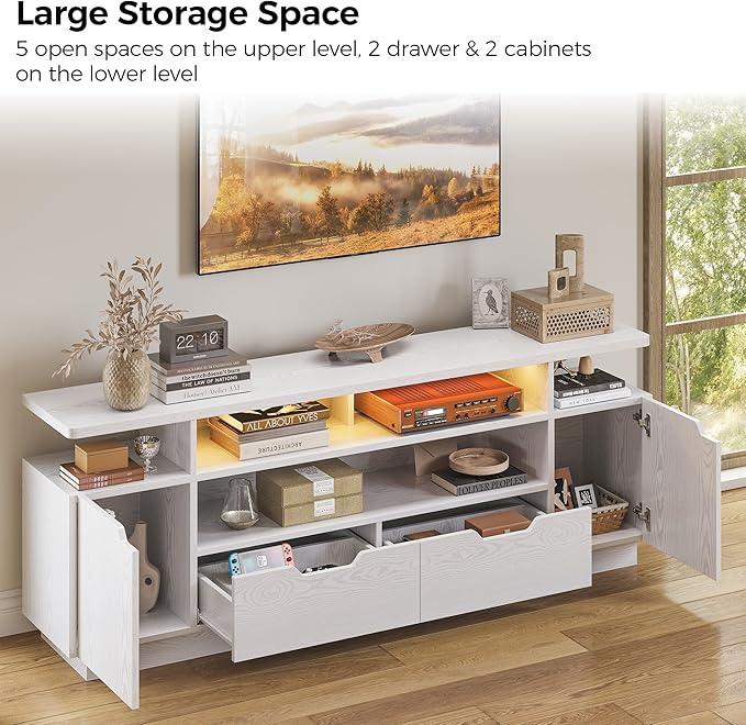 IRONCK TV Stand for TVs 85 inch with Power Outlet and LED Lights, Entertainment Center with Storage Cabinets, Media TV Console with Drawers, Modern TV Stand for Living Room, White