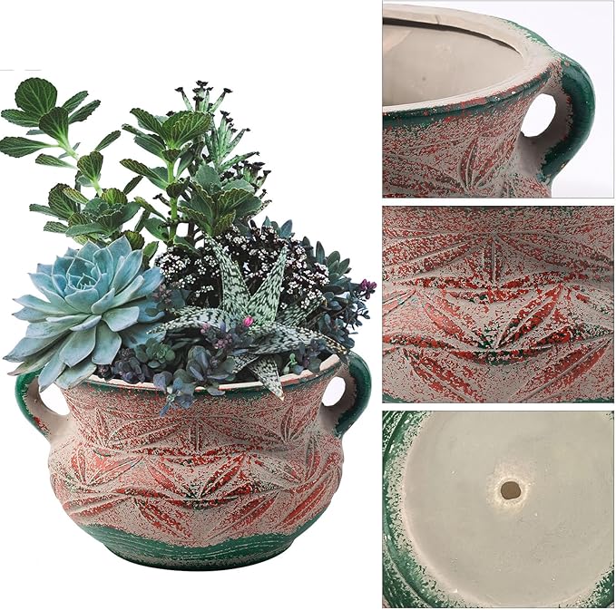Ceramic Succulent Pot with Drainage Hole, Bohemia Rustic Decorative Planter, Set of 2, Indoor Outdoor