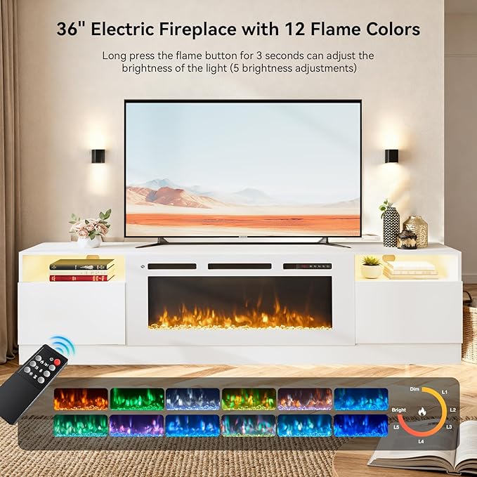 80” TV Stand with 36” Electric Fireplace, Large Modern Media Entertainment Center with Storage Cabinet and 12 Colors LED Lights for TVs Up to 90",All Black