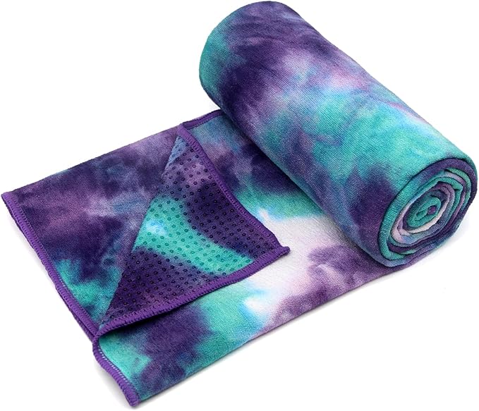 Eunzel Hot Yoga Towel - Microfiber Non Slip Yoga Mat Towel with Grip Dot Sweat Absorbent Towel for Hot Yoga, Pilates and Fitness 72" x 24", Green & Purple/Purple