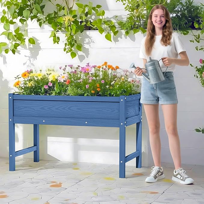 HDPE Raised Garden Planting Bed with Legs,Garden Boxes Outdoor Raised with Drainage Hole Rot-Resistant,Raised Beds for Gardening for Backyard, Patio, Balcony 300 lb Capacity (Navy)