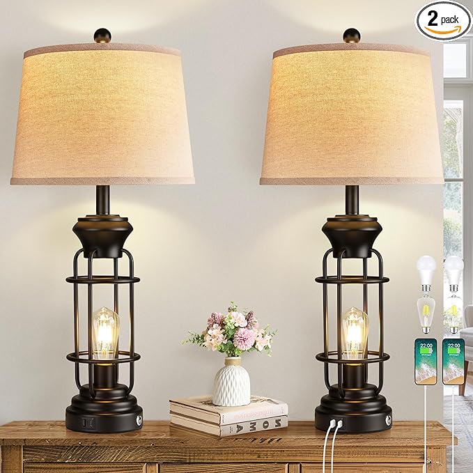 Black Table Lamps Set of 2, 28.5" Farmhouse Lamps for Living Room with USB C+A Ports, Touch Lamps for Bedroom, LED Bulbs Included