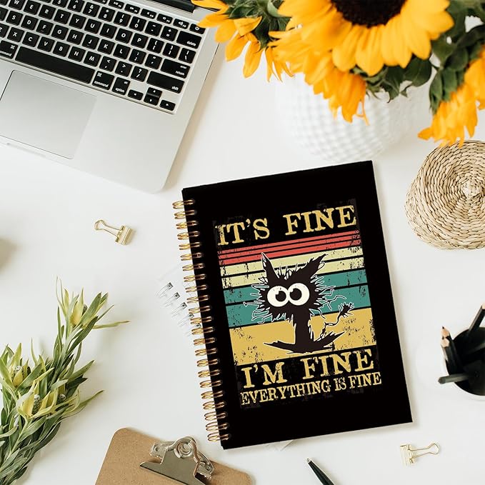 It's Fine I'm Fine Everything is Fine Funny Notebook, Black Cat Notebook Journal, Funny Journals for Women, Cat Lover Gifts for Women, Cat Mom Gifts, Cat Office Supplies, 5.5x8.3 Inch