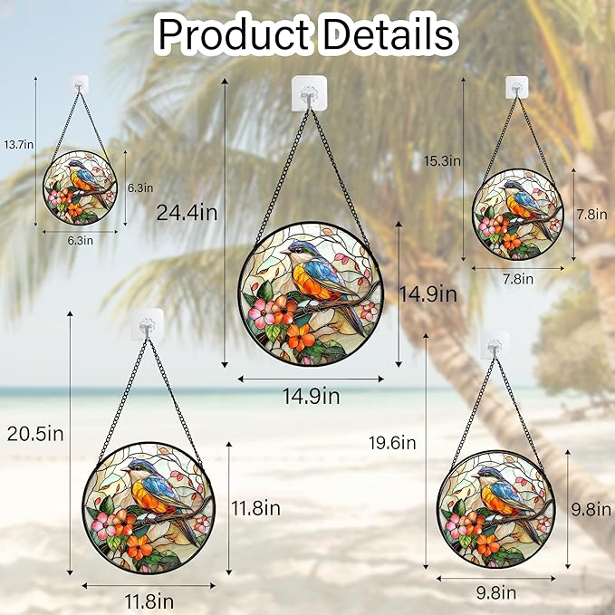 Stained Glass Window Hanging, Blue Bird Pink Flower Suncatcher Diamond Glass Panel Bird Sun Catchers Decor for Birthday for Women, Men, Wife, Aunt, and Mom 14.9x14.9 in