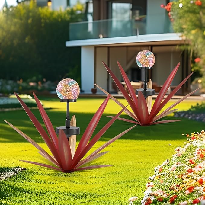 2pcs Tequila Rustic Sculpture Metal Yard Decor Hand Painted Metal Agave Garden Statue Red