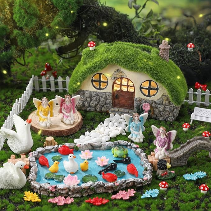 Roowest 57 Pcs Solar Fairy House Garden Accessories Light up Mushroom House Resin Fairy Figures Garden Kit Resin Miniature Fish Pond Figures Micro Landscape Outdoor Decoration