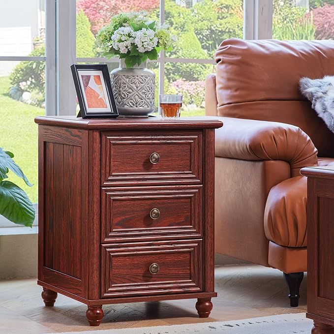 18" Farmhouse Nightstand Set 2 with Charging Station and USB Port, RedOak Night Stand with 3 Drawers, Wood Bedside End Table with Storage, Bed Side Tables for Bedroom Living Room and Closet