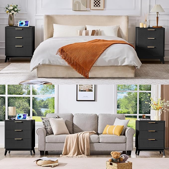 Fluted Nightstand with Charging Station, 23'' Modern Side Table with 3 Large Storage Drawers, Wide Night Stand Bedside End Table Tall Wooden Dresser for Bedroom