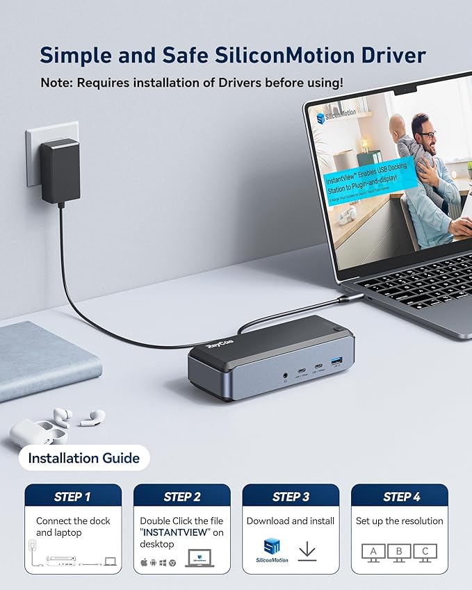 USB C Docking Station Triple Monitor, Raycue 15 IN1 MacBook Pro Docking Station with Power Adapter for MacBook M1/M2/M3/Windows, Laptop Docking Station with HDMI*3, RJ45, 10Gbps USB*5, PD, USB 3.0*2