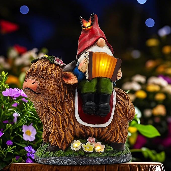 Garden Gnomes Outdoor Statues: 8'' Solar Light Gnome Decor on Highland Cow Play The Accordion Unique Birthday Gifts for Women Mother Grandma