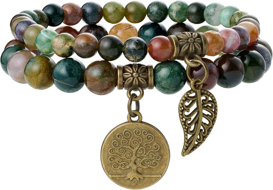 Bivei Natural Semi Precious Gemstone beads bracelet for women - Life Tree and Leaf Charm Energy Reiki Crystal Stretch Bracelets