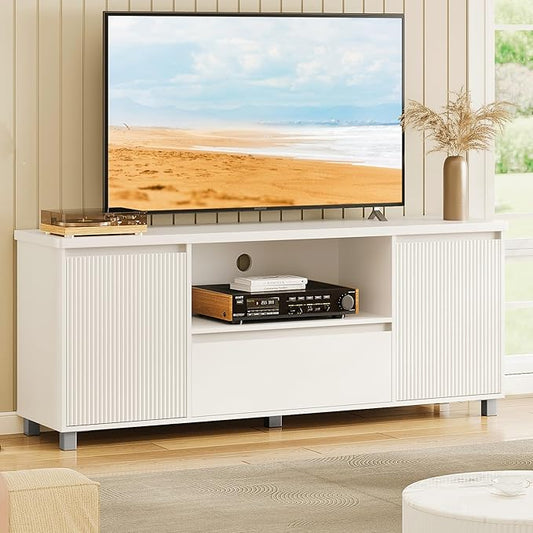 Garvee 63in TV Stand for 60/65/70 Inch TV, Fluted Entertainment Center with Storage Drawer and Open Shelves, Modern TV Console Media Cabinet for Living Room, Bedroom, White