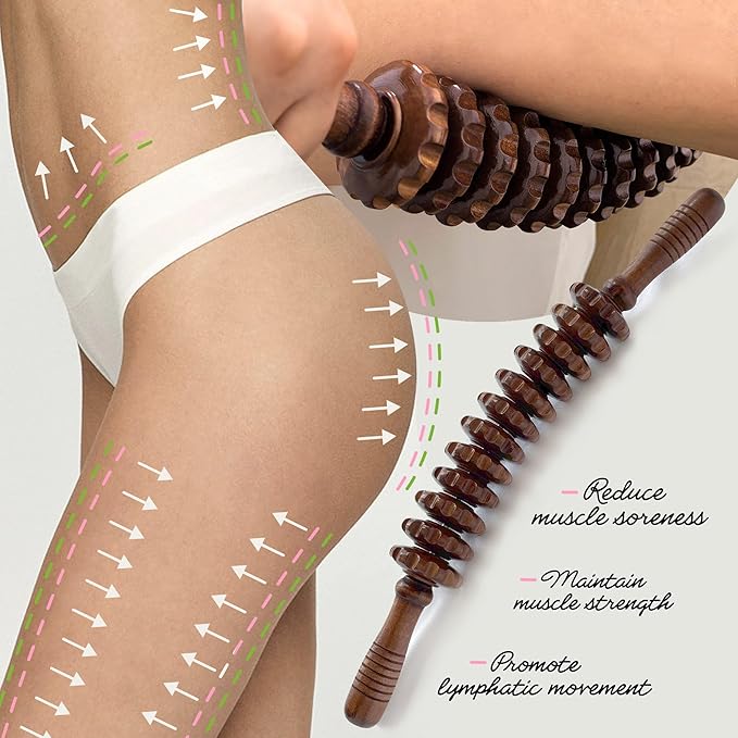 Wooden Curved Handheld Roller Stick Massager - 12 Rollers Wood Therapy Tool for Trigger Point, Fascia & Cellulite Reduction, Lymphatic Drainage, Muscle Tension Relief & Body Shaping (Brown)