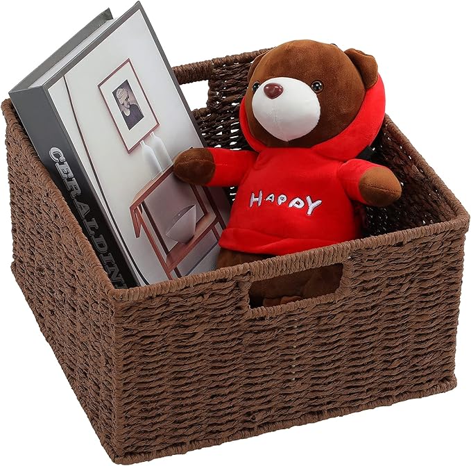 HOONEX Storage Baskets for Organizing, Decorative Round Paper Rope Woven Baskets for Storage with Carrying Handles, Set of 2, Dark Brown