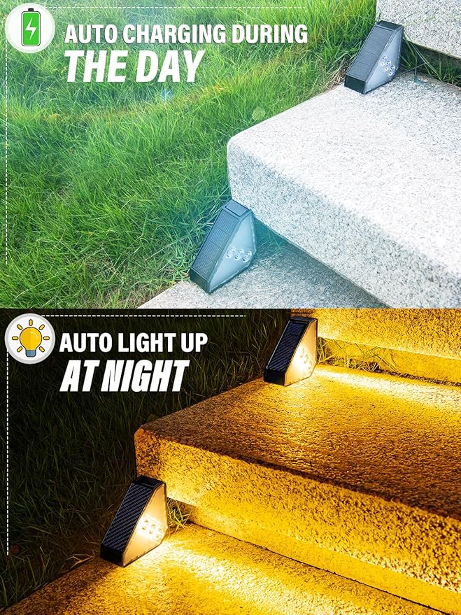 ROSHWEY Solar Step Lights Outdoor Waterproof, 8 Pack Triangle Solar Stair Lights for Outside, LED Deck Light Outdoor Decor Lighting for Patio Porch Backyard, Warm White