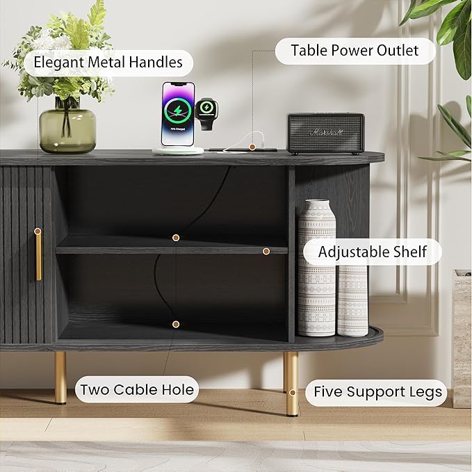 DHH Tv Stand Cabinet with Storage,Fluted Tv Console Entertainment Center with Storage Adjustable Shelves, Modern Vintage with Sliding Doors tv Stand for Living Room (Black, 63 Inch)