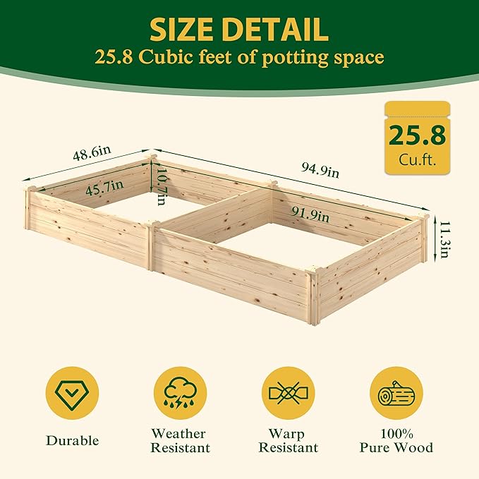8x4x1 FT Outdoor Wooden Raised Garden Bed, Divisible Elevated Planting Planter Box Kit with Open Base for Vegetables, Flowers, Herbs, Ideal for Outdoor Gardening, Backyard, Patio, Natural